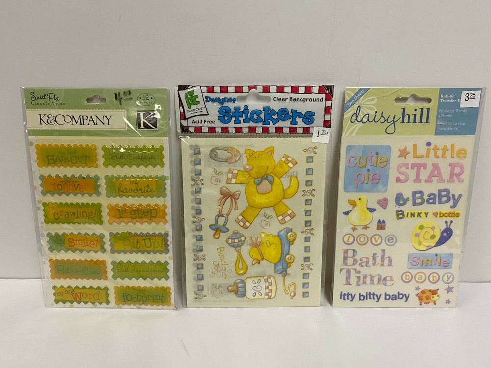 BABY 3 Pack Scrapbook Stickers & Transfers–yellow&green sweet pea cutie pie new