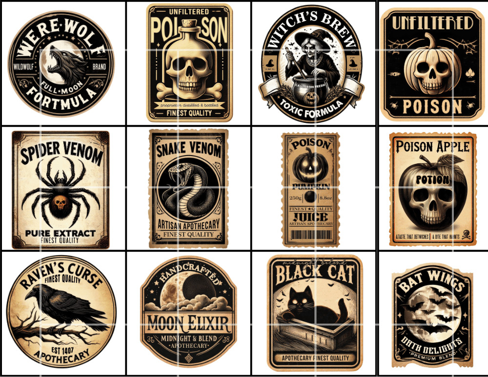 Halloween Poison Labels For Card Toppers Supply Scrapbook Junk Journal Crafts