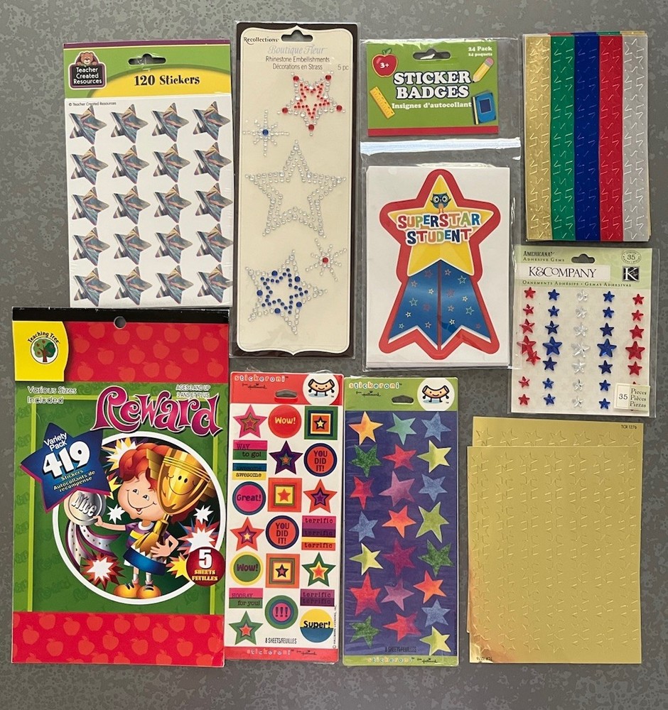 Huge Mixed Lot Foil Adhesive Star Student Stickers Colorful Reward NEW