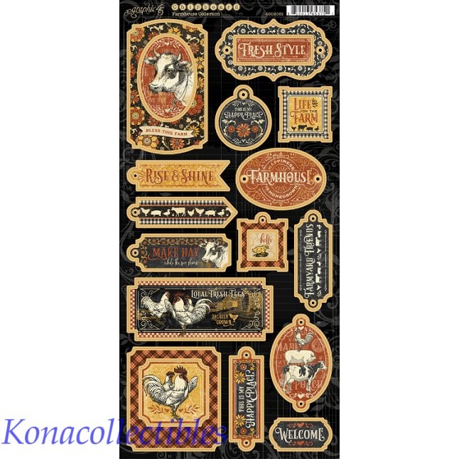 Graphic 45 Farmhouse Collection Chipboard 19 pcs. Cows, Hens, Tags, Roosters