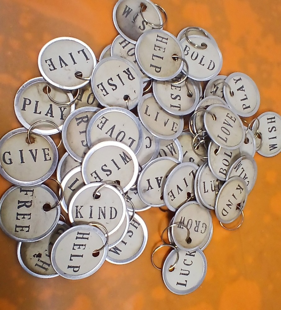 (10) METAL RIM TAGS 1.25″ COFFEE DYED & STAMPED FOR SCRAPBOOK/JUNK /ART JOURNAL