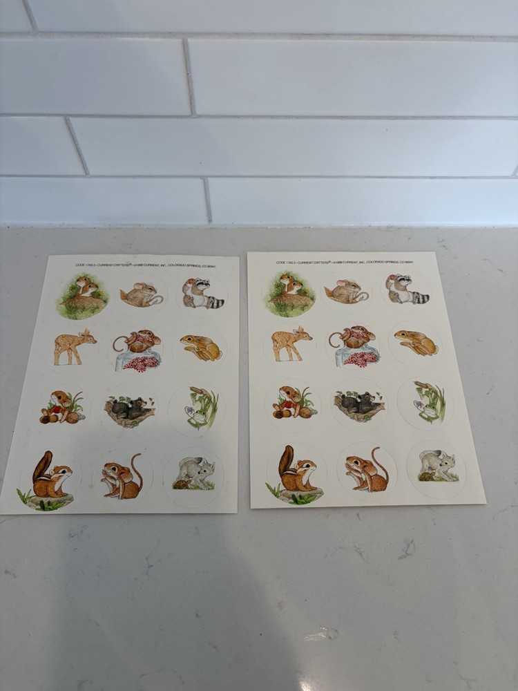 Vintage Current Critter 1988 Stickers Two Sheets Raccoon Fawn Frog Mouse Etc.