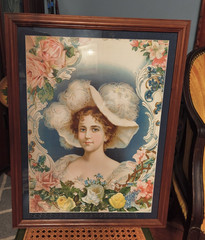 Antique Wood Frame Victorian Die Cut Picture Young Lady Pink Dress Roses 17 x 22