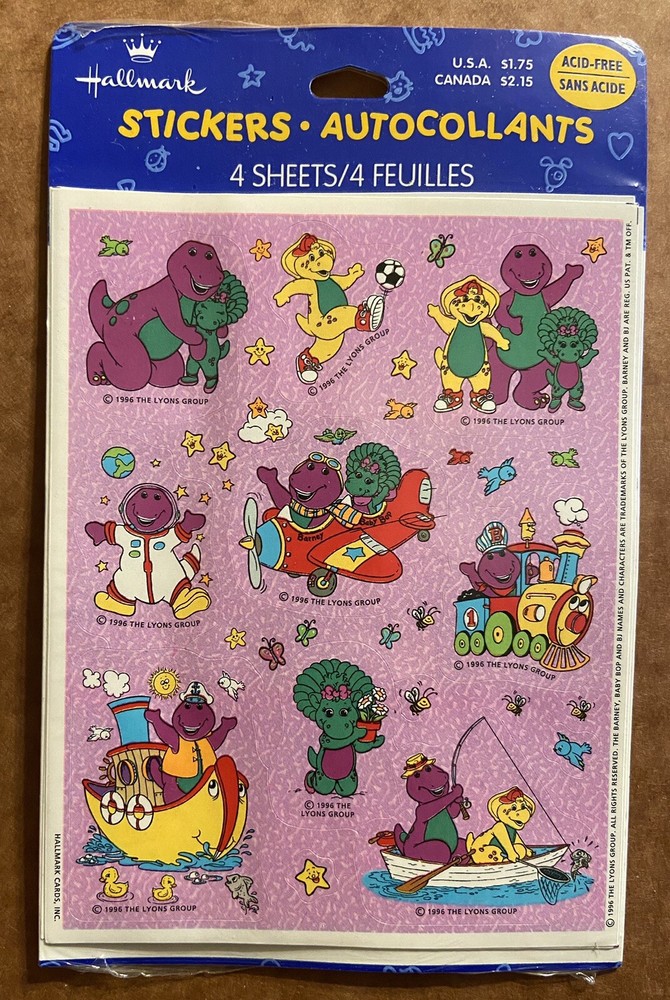 Barney BJ Baby Bop Stickers Vintage Hallmark 1996 Lyons Group Purple Dinosaur