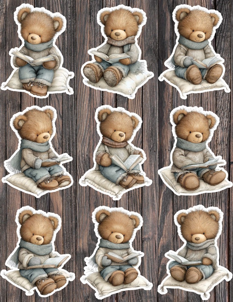 Teddy Bear Reading Book Die Cut Vinyl Stickers Scrapbooking Laptop Waterbottle
