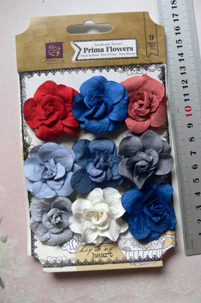 LIBERTY LARGE ROSE Red Blue White 9 Pack Approx 40-42mm Paper PRIMA PCb