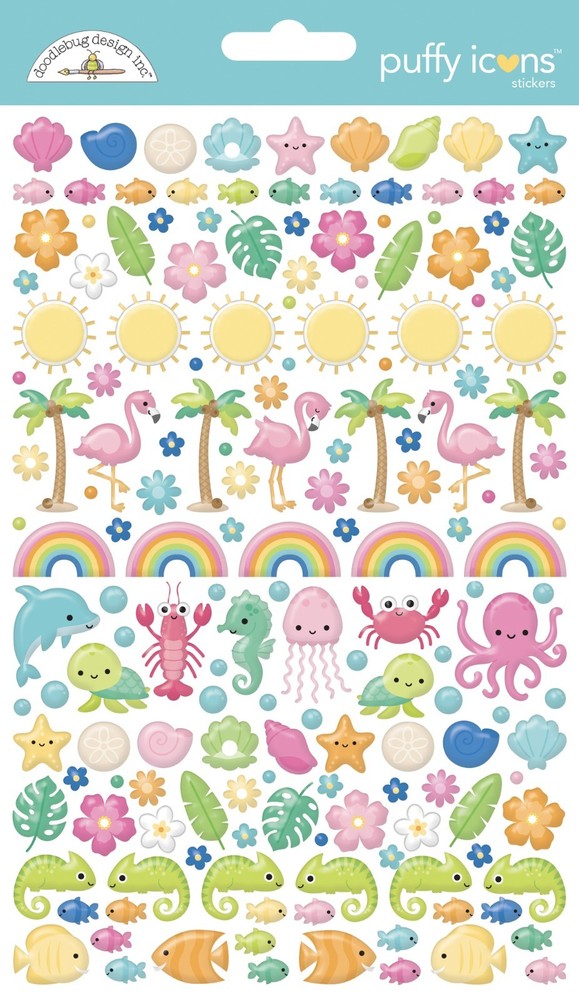 Stickers Puffy Doodlebug Summer Fun Tropical Flowers Sea Life Rainbows Shells