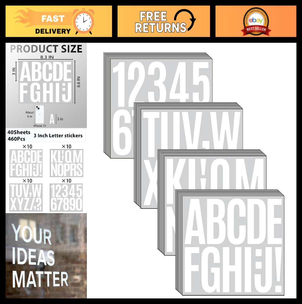 460 Pcs 3 Inch Large Letter & Number Stickers for Mailbox, Signs, Windows, Cars