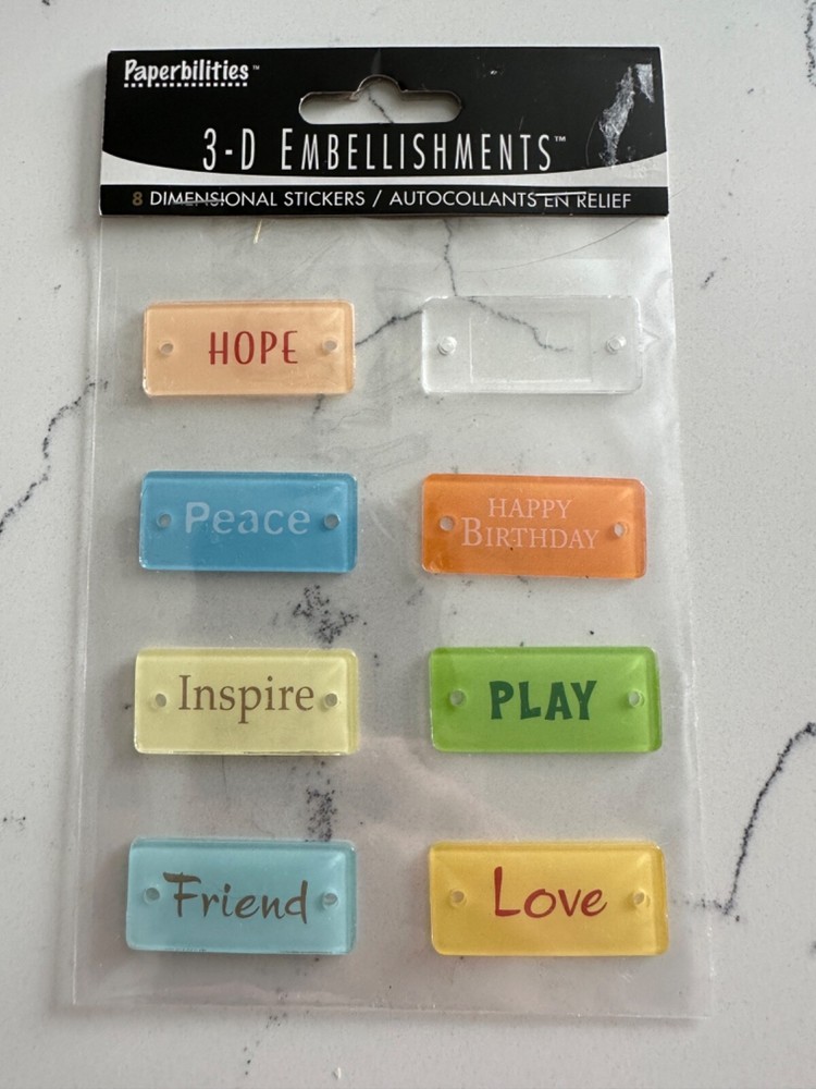 Paperbilities 3-D Embellishments 8 Dimensional Stickers Hope Inspire Play Love
