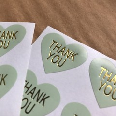 50 Heart Thank You Stickers On Glossy Mint Paper With Gold Lettering