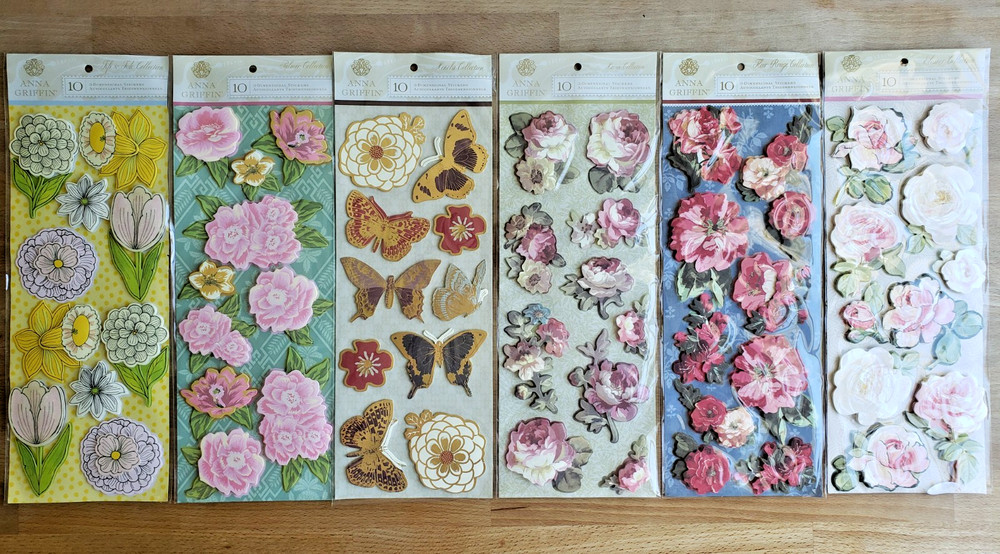 Anna Griffin 3D Floral & Butterfly Sticker Embellishments – Lot of 6 Packs, New
