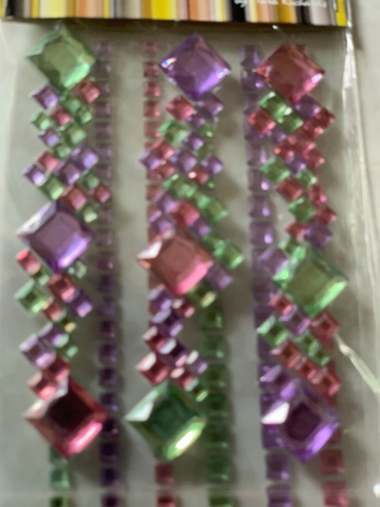 CRYSTAL STICKER 2 SHEETS CLUSTERS PINK PURPLE GREEN GEMSTONES MULTI-SIZE 9PCS