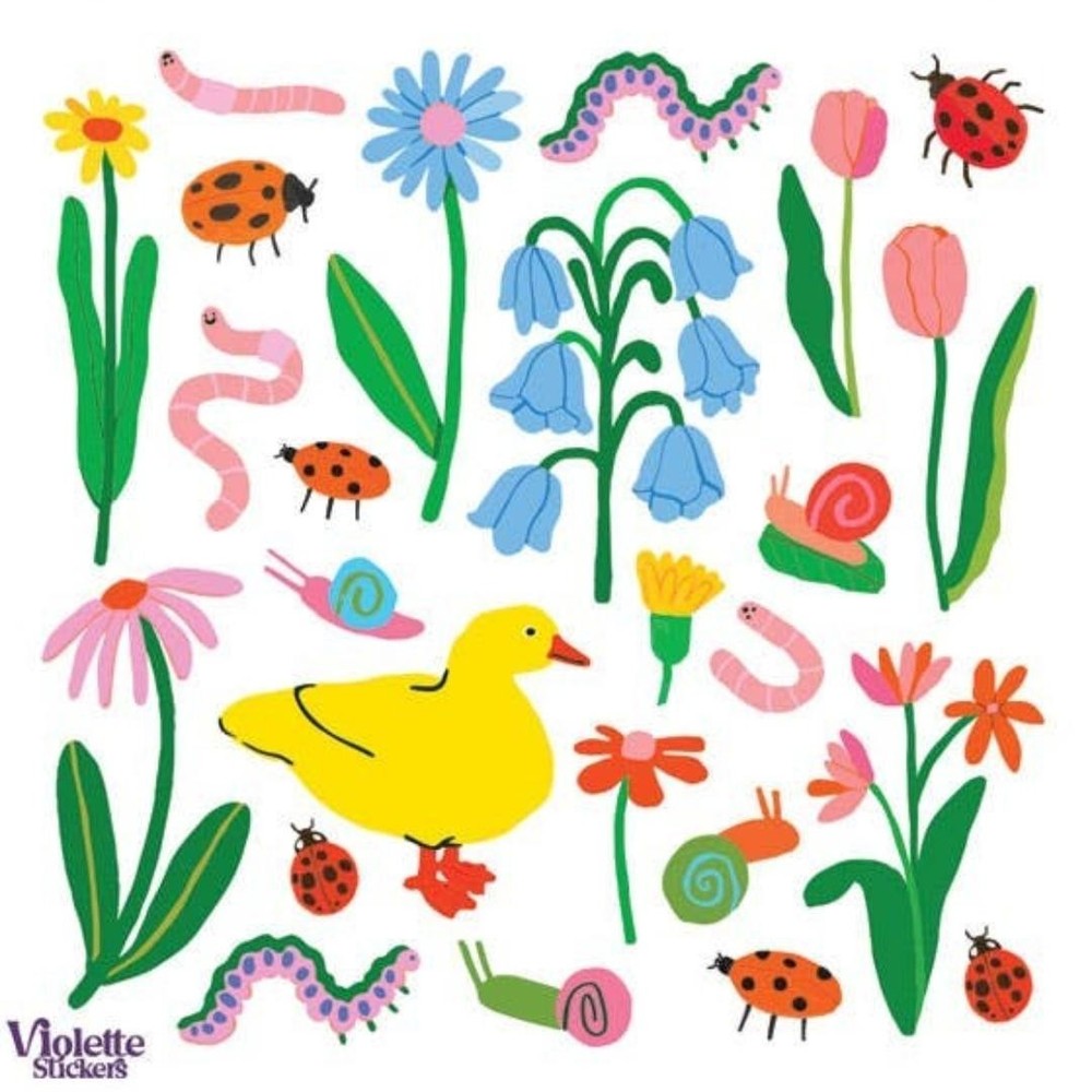 Violette Stickers – Springtime Garden – 1 Insect, Bug, & Flowers Sticker Sheet