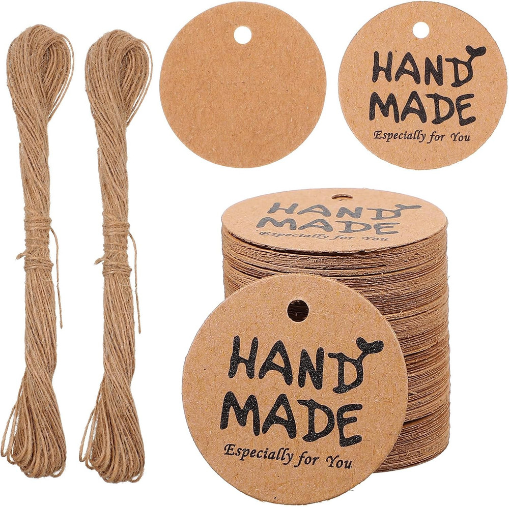200Pcs Handmade Tags, Brown Paper Gift Labels with Twine String 1.2” round for H