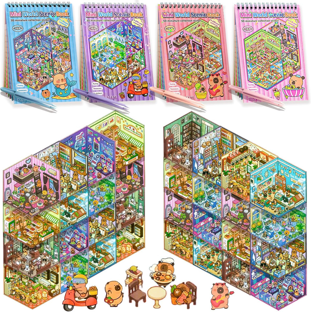 4 Sticker Books, 32 Sets DIY 3D Sticker Scene , Design Your Own Houses, Building