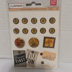 Basic Grey CLIPPINGS Scrapbook 12×12 Sticker Sheets, Snippets, Brads, Buttons