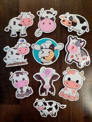 STICKERS x 10 Happy Cow Face Standing Sitting Strawberry Baby Flower JH23