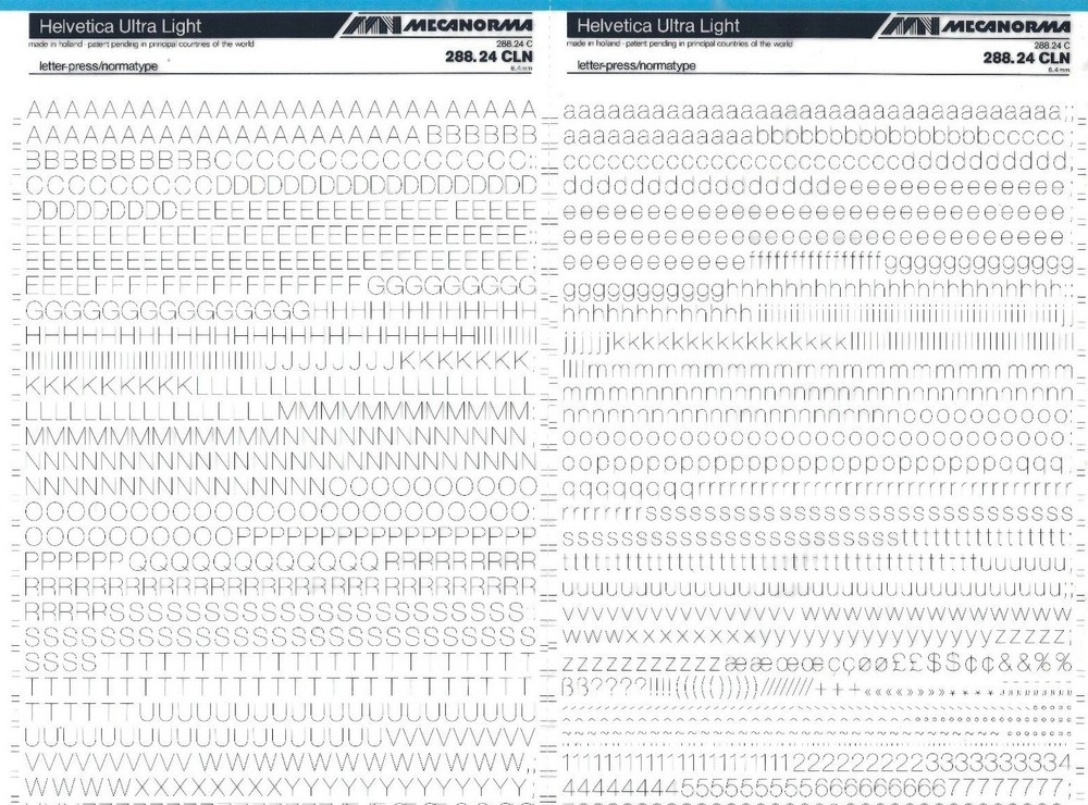MECANORMA Transfer Lettering Sheet A3, Letraset, #502 HELVETICA LIGHT 6.4mm