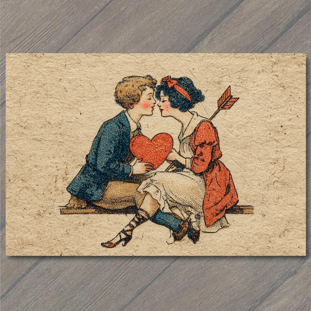 STICKER Sweet Antique Style Valentine Couple Kissing Holding Red Heart Arrow
