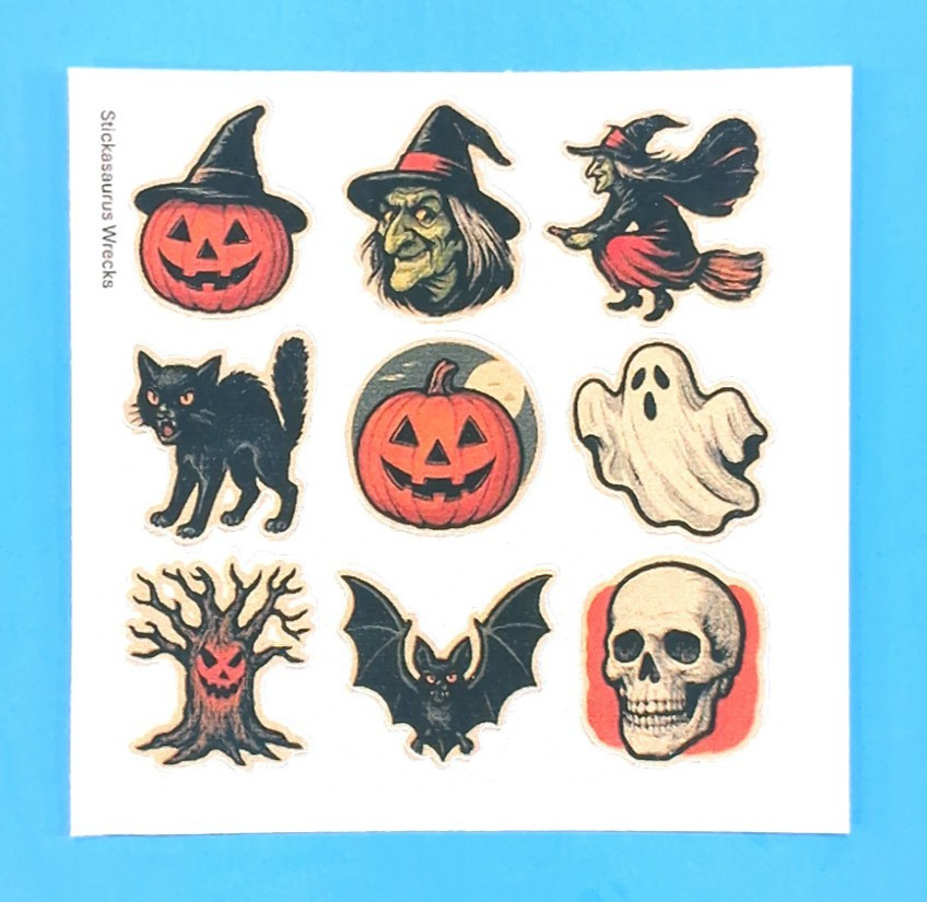 Vintage Style Halloween Mini Sticker Sheet Haunted Tree Witches Skull Ghost Cat