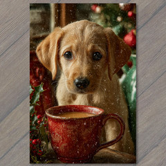 STICKER Puppy Red Mug Coffee Christmas Tree Snow Cozy Winter Dog Cute Holiday