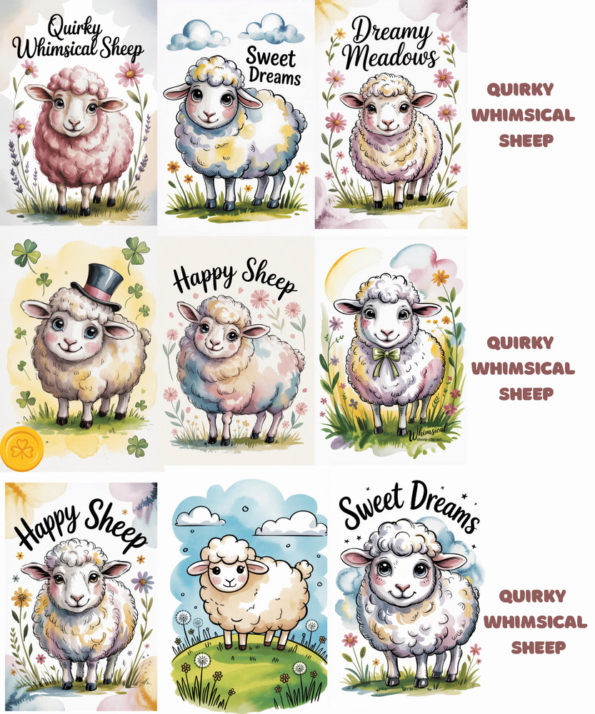 Whimsical Quirky Sheep Card Toppers Collage Supplies Scrapbooks Junk Journal