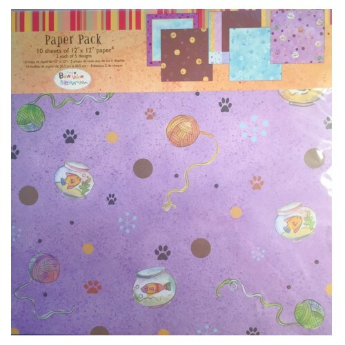 BOW WOW MEOW 12×12 SCRAPBOOK PAPER PACK CAT KITTY 10 SHEET 5 PATTERNS SUE ZIPKIN