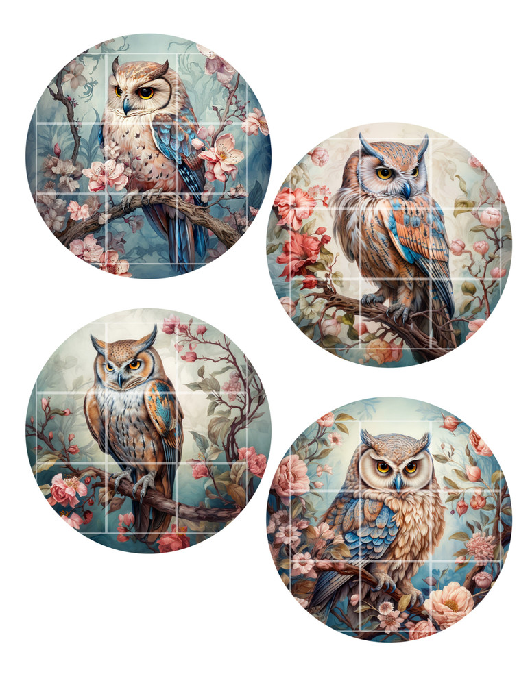 Vintage Owl Circles Collage Sheet Supplies Scrapbook Junk Journal Card Toppers