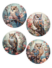 Vintage Owl Circles Collage Sheet Supplies Scrapbook Junk Journal Card Toppers