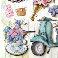 Crafters Square Purple Pink Bouquet Floral 9 Pc Pop Up Stickers French Scooter