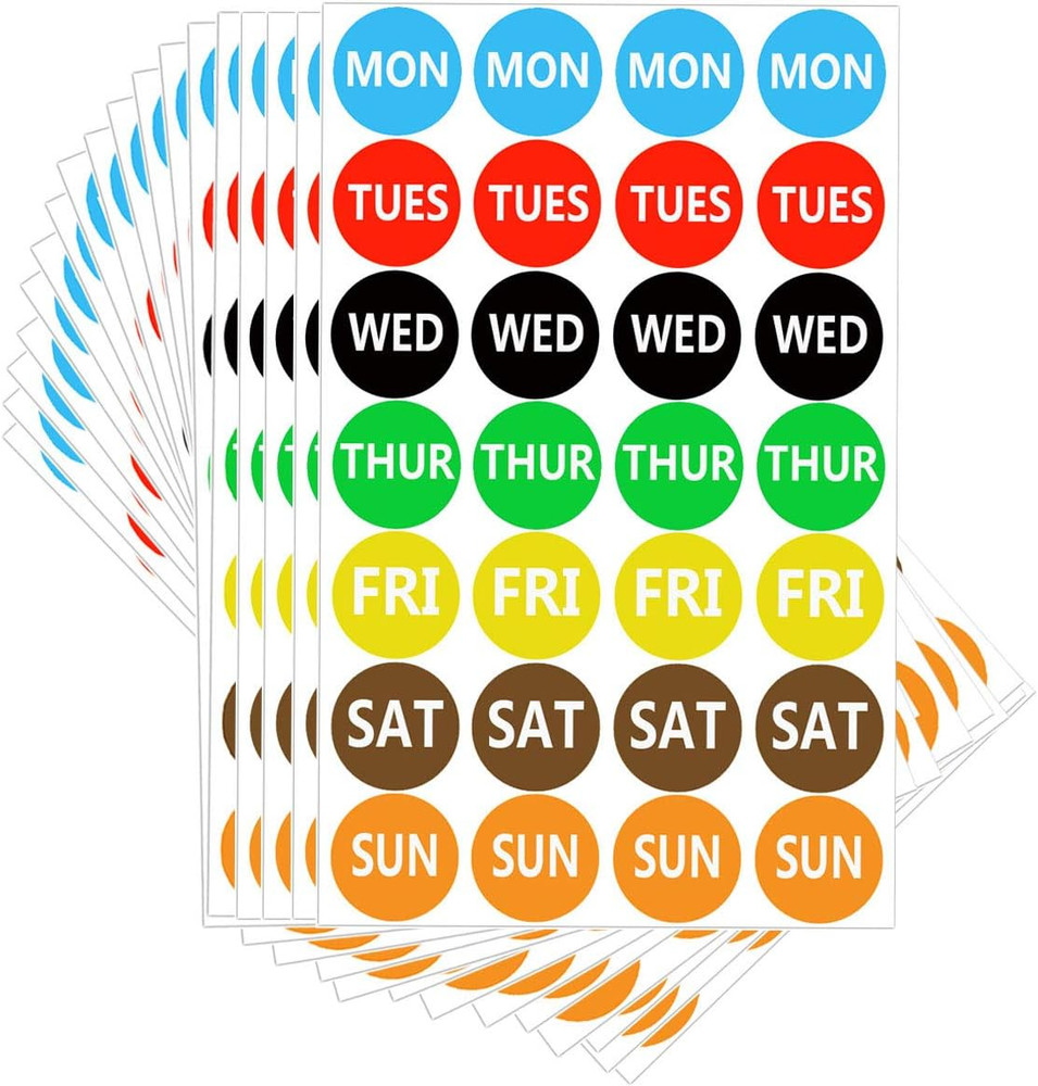 7 Days of the Week Labels Color Coding Dot round Self Adhesive Stickers,1Inch ro