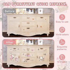 3 Sheets Rub on Transfers for Crafts and Furniture Pink Vintage Floral