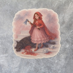 Little Red Riding Hood Pencil Art Sticker Dark Fairytale, Wolf, Gothic Storybook