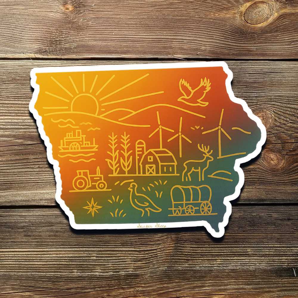Radiant Iowa Sticker – Gold Foil Farm Scene with Barn, Windmills, Deer, Tractor