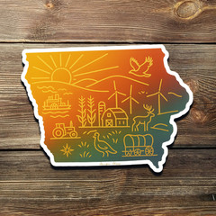 Radiant Iowa Sticker – Gold Foil Farm Scene with Barn, Windmills, Deer, Tractor