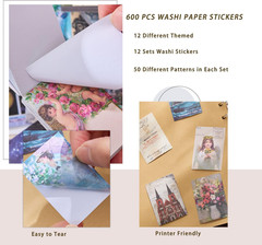 12 Sets 600 Sheets Washi Stickers for Journaling, Map Nature Celestial Portrait