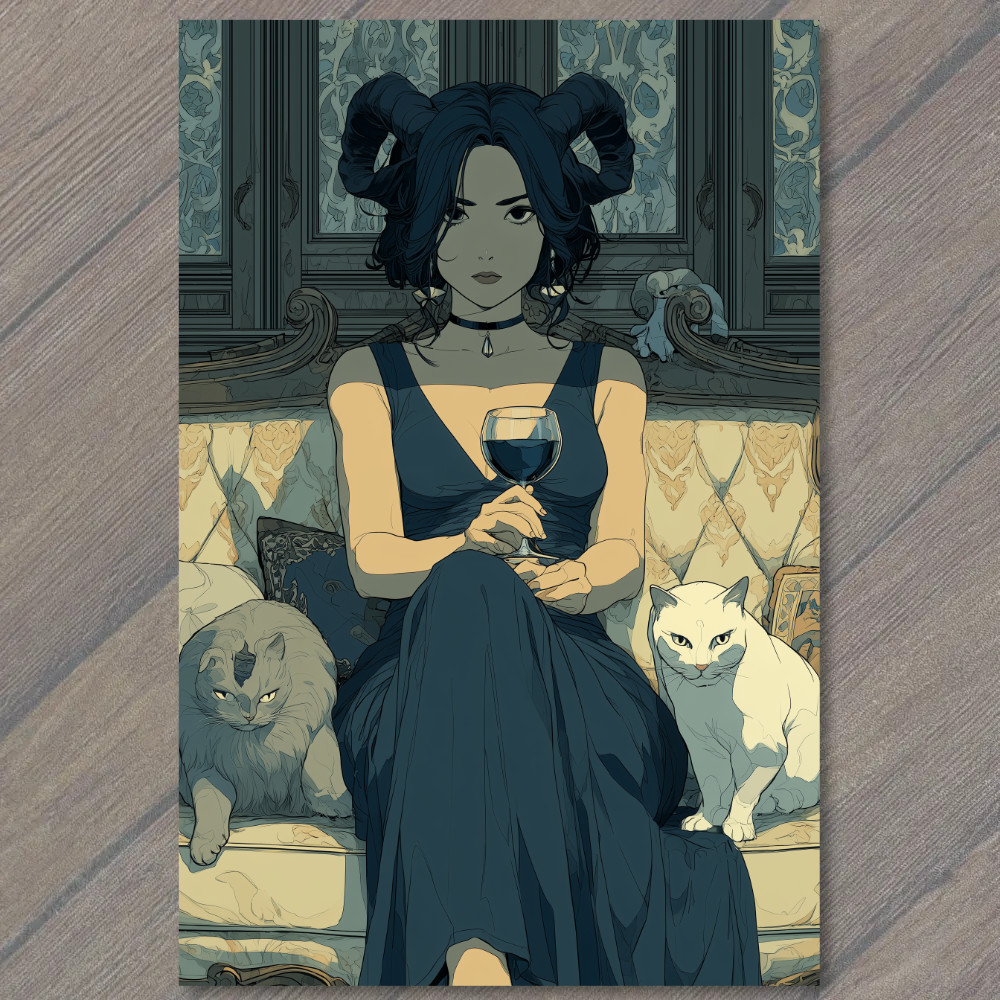 STICKER Woman Horns Wine Goblet Long Black Dress White Gray Cats Sofa Mood
