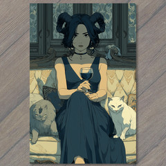STICKER Woman Horns Wine Goblet Long Black Dress White Gray Cats Sofa Mood