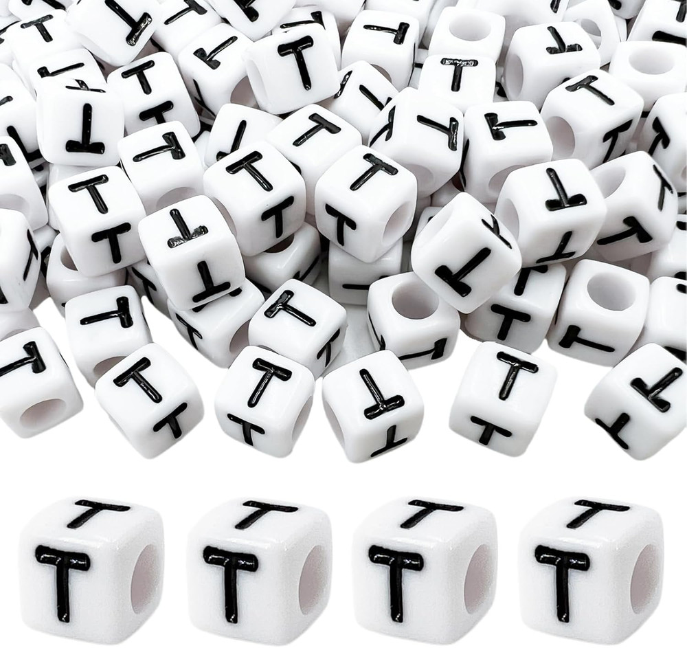 100Pcs Pony Beads Letter T for Keychains Making, 6X6Mm Large Hole Square Letter