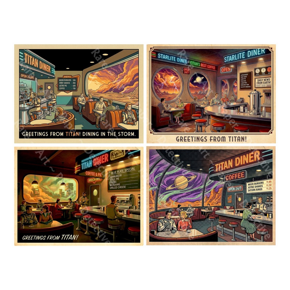 Science Fiction Fantasy Travel Stickers, 4 Big Lonely Diner Scenes, 1 Sheet