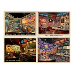 Science Fiction Fantasy Travel Stickers, 4 Big Lonely Diner Scenes, 1 Sheet