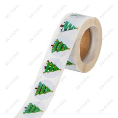 500pcs/roll 1in 8 Designs Green Christmas Tree Stickers Round Shape Chrome Paper