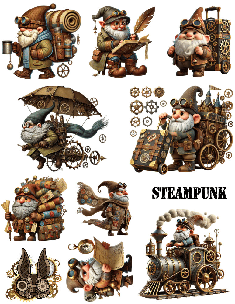 Steampunk Gnome Travelers Card Toppers Collage Supplies Scrapbooks Junk Journal