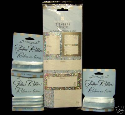 3 Blue Fabric Ribbon 3.3 Yards Each & Pkg of 2 Sheets Silver Gift Stickers