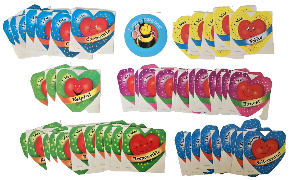Vintage 90s CTP Teacher XL Heart Award Stickers – Helpful Honest Polite + 50shts