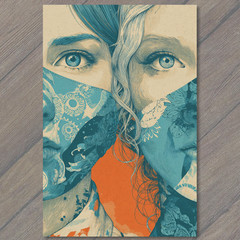 STICKER Color Block Floral Texture Masked Faces Women Bright Blue Orange
