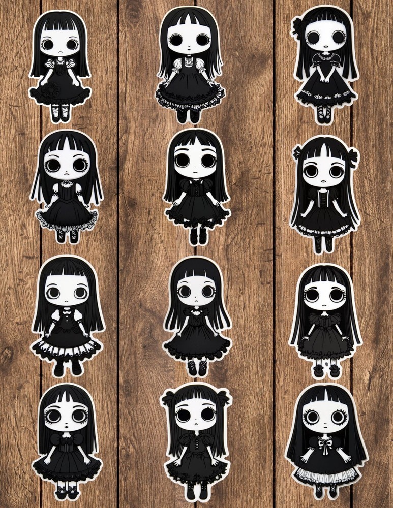 Black and White Goth Doll Die Cut Stickers Set Scrapbooking Laptop Waterbottle