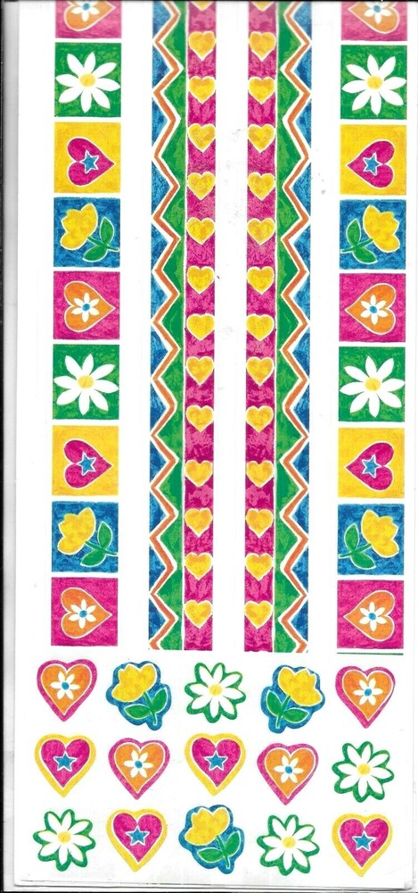 Bright Green Blue Red Yellow Orange Hearts Flowers Sweet Love Border Stickers