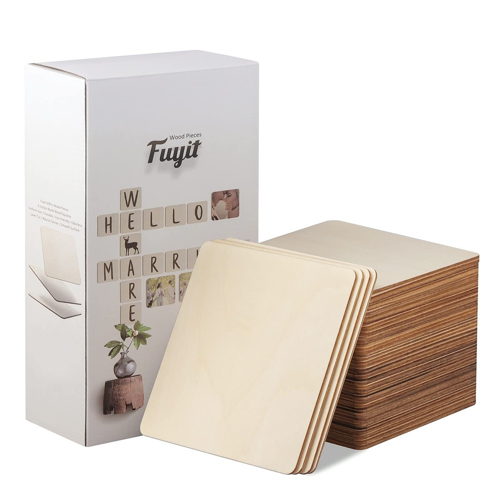 Fuyit Unfinished Wood Pieces, 50Pcs 6 x 6 Inch Blank Natural Wood Square Wood…