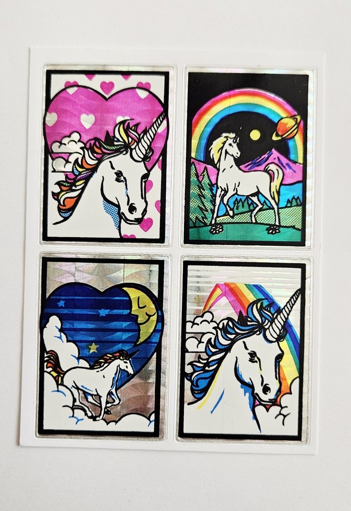 Vtg Unicorns Stickers 4 Panel Prism Vending rainbows Hearts Clouds
